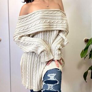 Off Shoulder Cream Cable Knit Sweater 🤎